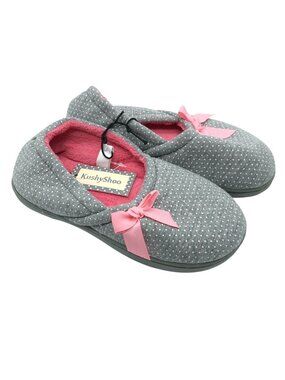 KushyShoo Womens Slippers Fabric Fleece Lined Clog Polka Dot Bow Gray Pink 6